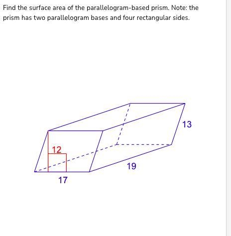 Find the surface area of the parallelogram-based prism. Note: the prism has two parallelogram-example-1