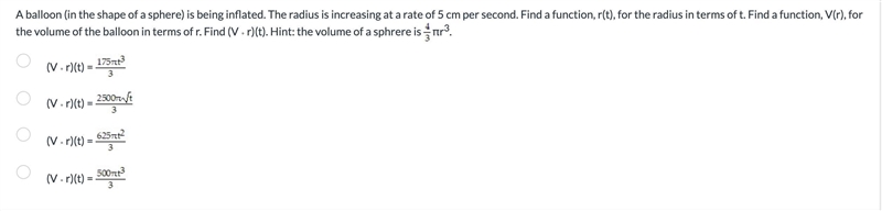 A balloon (in the shape of a sphere) is being inflated. The radius is increasing at-example-1