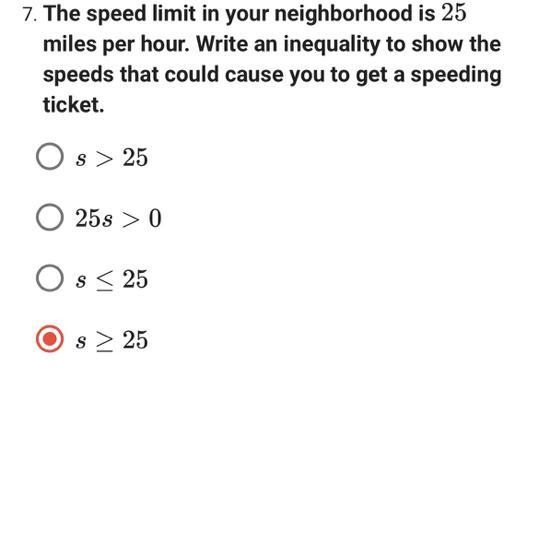 The speed limit in your neighborhood is 25miles per hour. Write an inequality to show-example-1