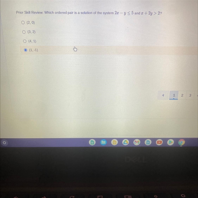 Prior Skill Review: Which ordered pair is a solution of the system 2x – y < 5 and-example-1