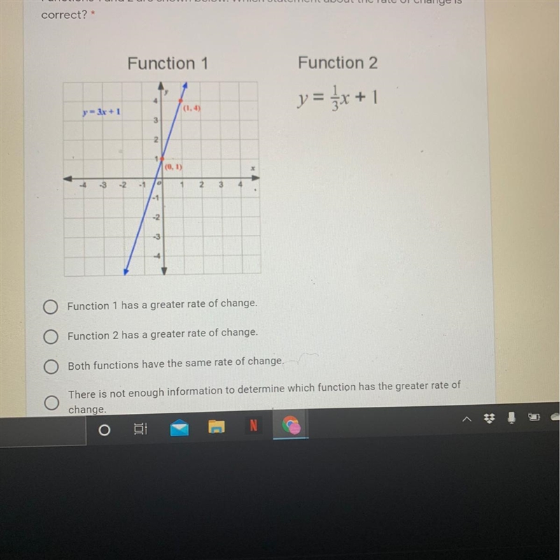 Functions 1 and 2 are shown below. Which statement about the rate of change iscorrect-example-1