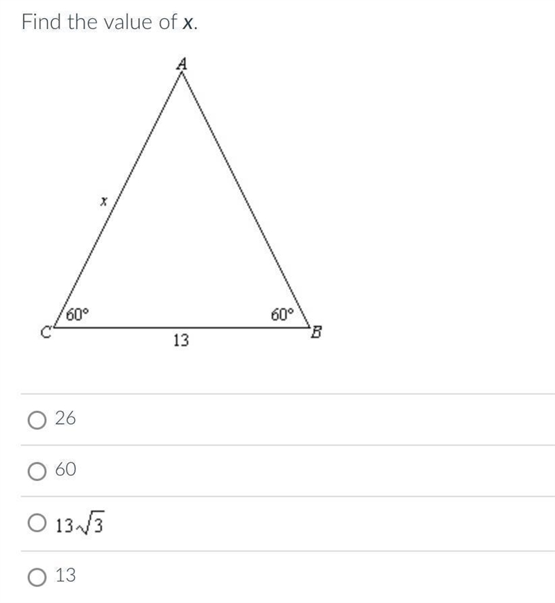 Find the value of x 26 60 13√3 13-example-1