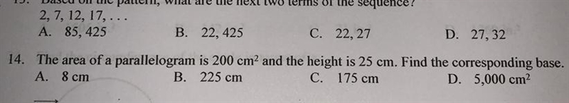 14. The area of a parallelogram is 200 cm2 and the height is 25 cm. Find the corresponding-example-1