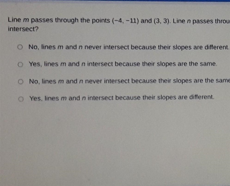 Line m passes through the points (-4-11) and (3.3). Line n passes through the points-example-1