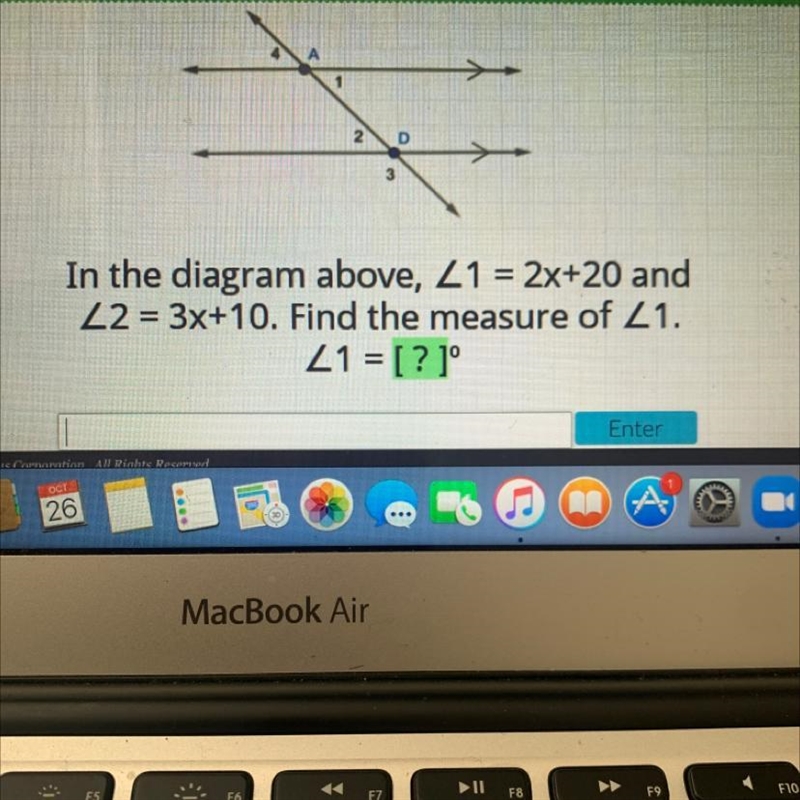 2D3In the diagram above, Z1 = 2x+20 andZ2 = 3x+10. Find the measure of 21.Z1 = [?1°-example-1