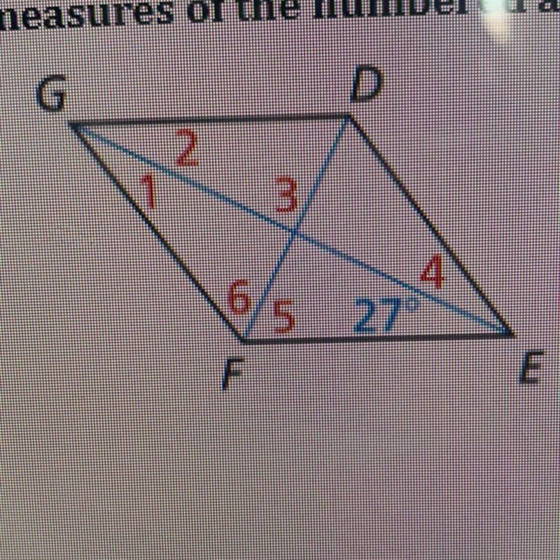 Find the measure of the numbered angles in rhombus DEFG-example-1