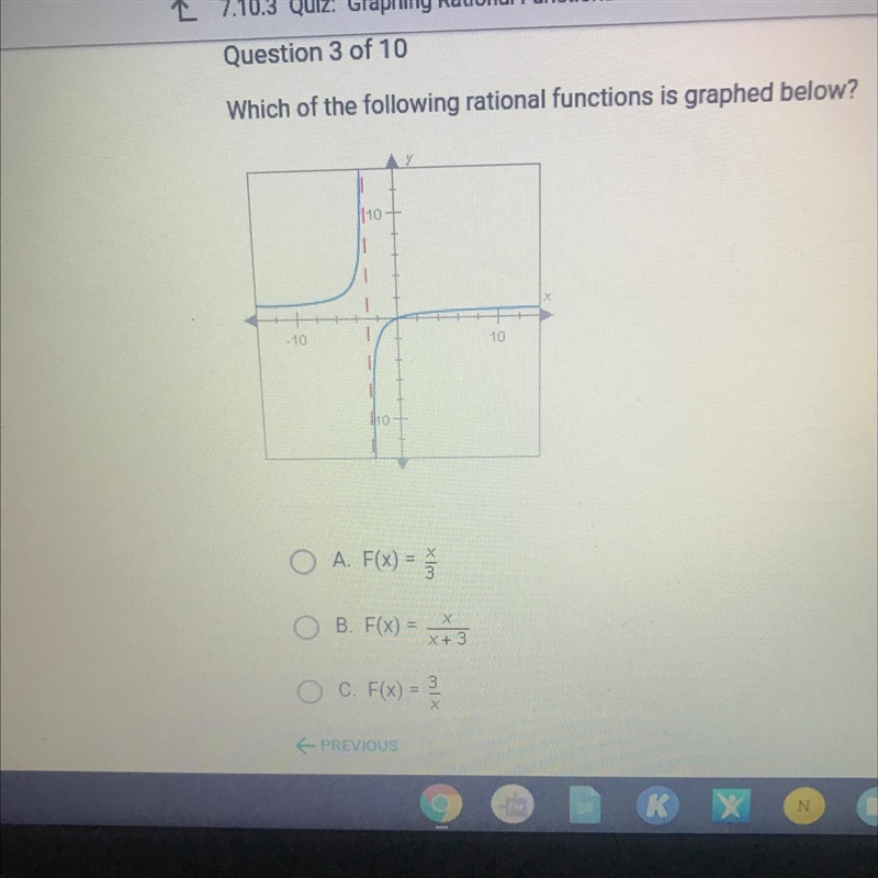 Which of the following rational functions is graphed below?O A F(x) =B. F(X) =OC F-example-1