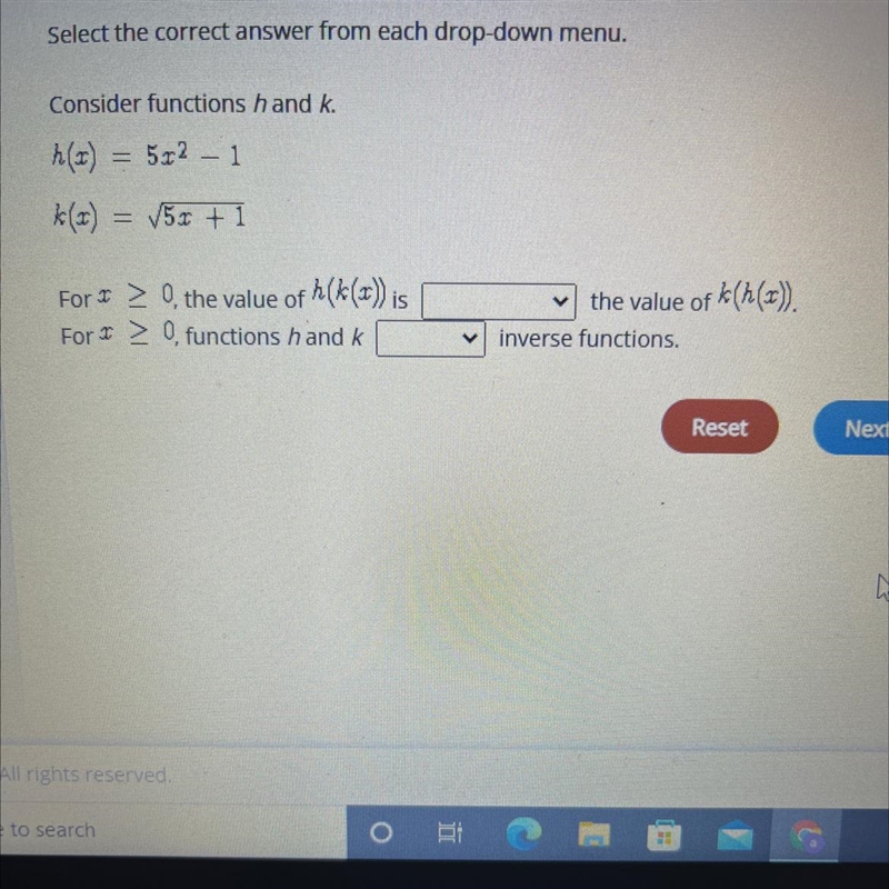 Consider functions h and k h(x) = 5x^2-1k(x) = square root 5x+1-example-1