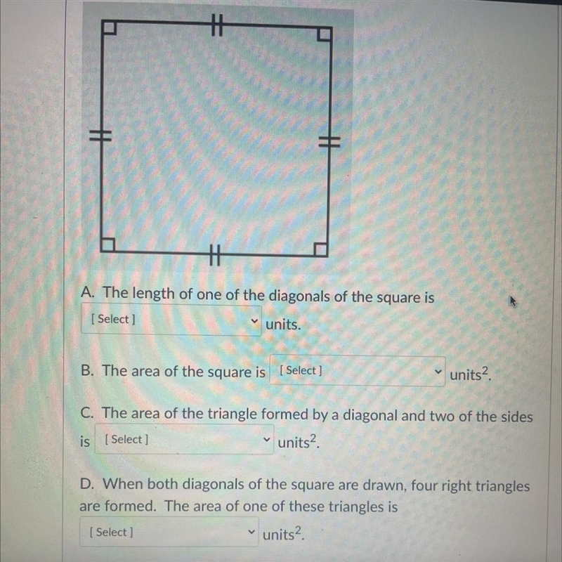 The squared pictured below has side lengths of 4 units. Questions are in the picture-example-1