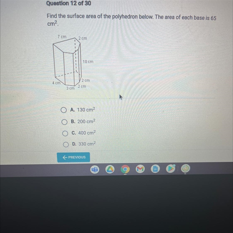 Question 12 of 30Find the surface area of the polyhedron below. The area of each base-example-1