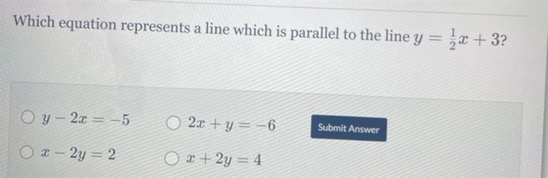 Which equation represents a line which is parallel to the line y=1/2x+3-example-1