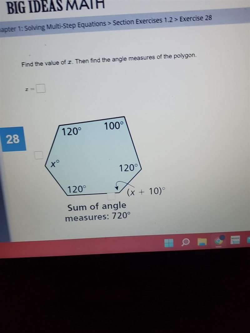 (↓) 28 Find the value of z. Then find the angle measures of the polygon. + 120° 100° 120° 120° Sum-example-1