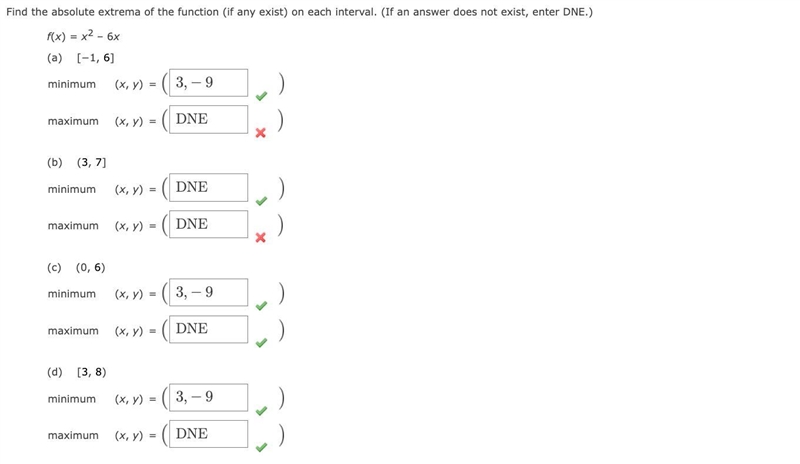 Find the absolute extrema of the function (if any exist) on each interval. (If an-example-1