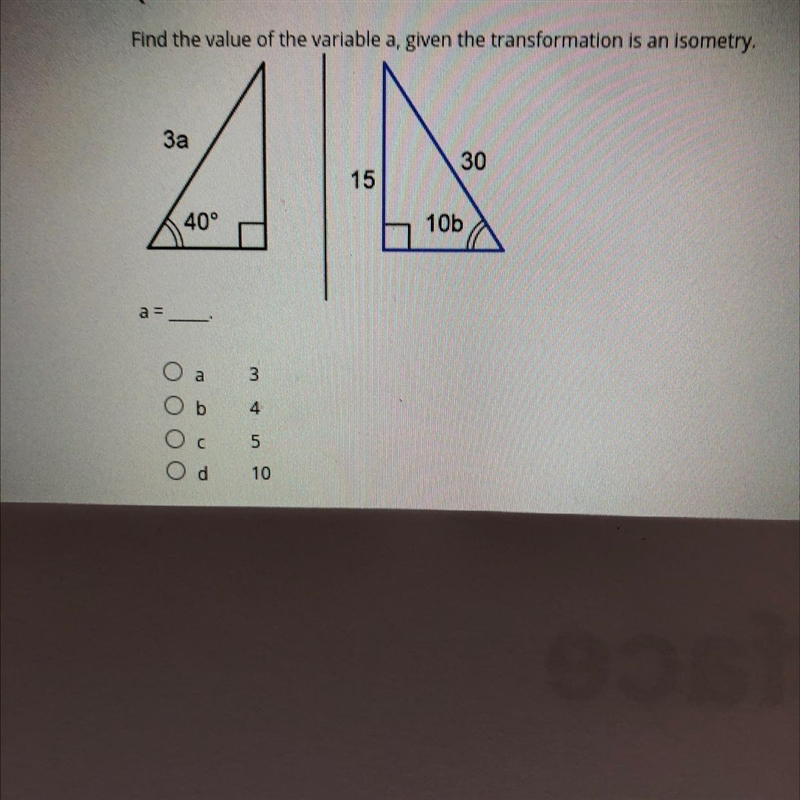 Find the value of variable a given the transformation is an isometry.-example-1