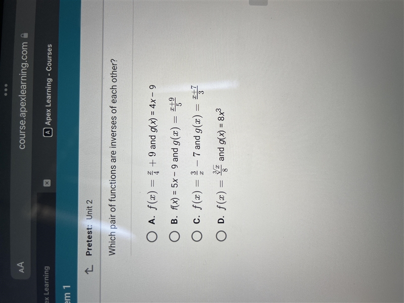 Which pair of functions are inverse of each other ?-example-1