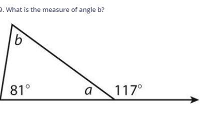 What is the measure of angle b? A. 36 degrees B. 63 degrees C. 144 degrees D. 180 degrees-example-1