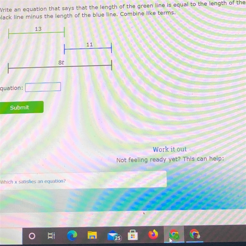 Write an equation that says that the length of the green line is equal to the length-example-1