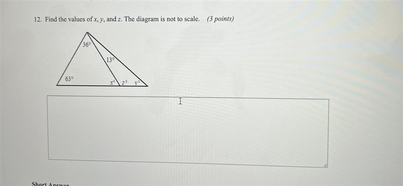 Find the values of x, y, and z. The diagram is not to scale.-example-1