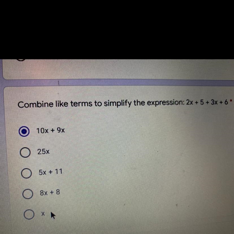 Combine like terms to simplify the expression: 2x + 5 + 3x + 6*20109x25xо5x + 118x-example-1