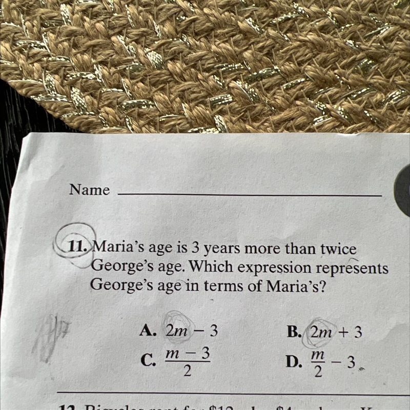 11. Maria's age is 3 years more than twice George's age. Which expression represents-example-1