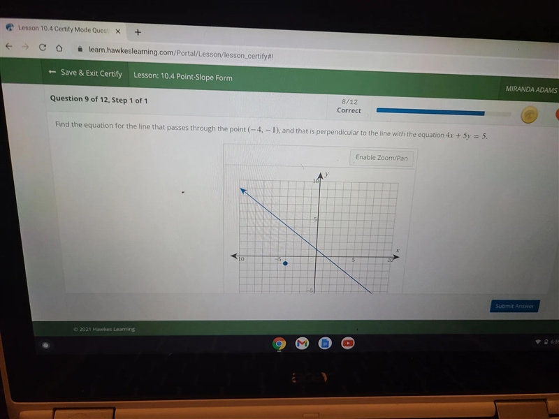 (-4,-1) that is perpendicular to the line with the equation 4x+5y=5 how do I do this-example-1