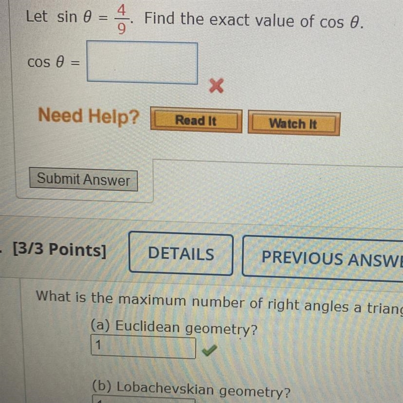 Let sin 0= 4/9. Find the exact value of cos 0.-example-1