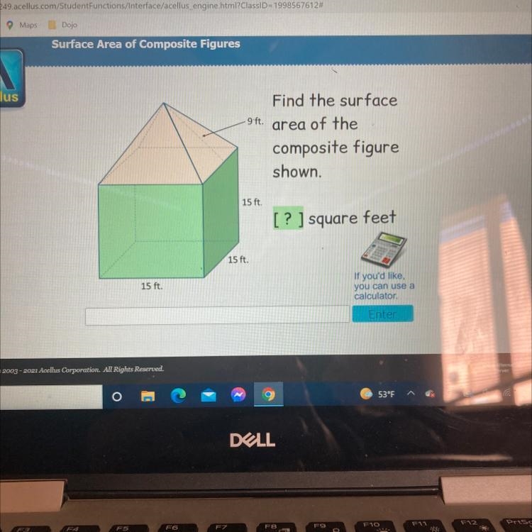 9 ft.Find the surfacearea of thecomposite figureshown.15 ft.[? ] square feet15 ft-example-1