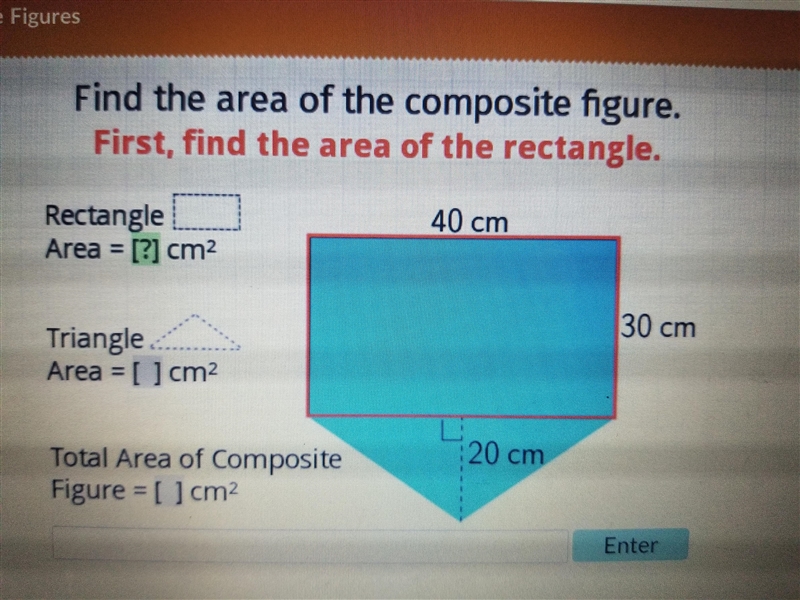 Find the area of the composite figure. First, find the area of the triangle. Please-example-1