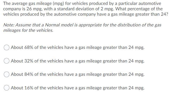 The average gas mileage (mpg) for vehicles produced by a particular automotive company-example-1