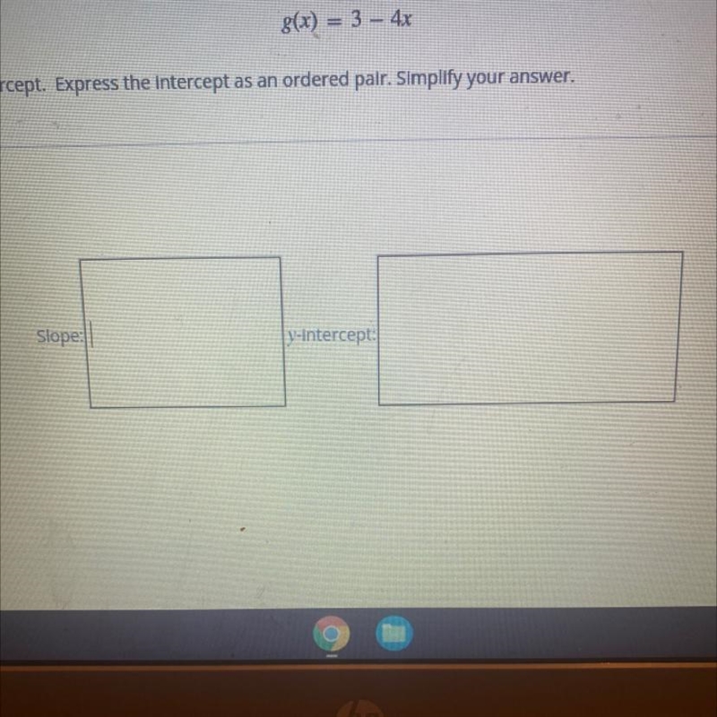 Find the slope and the y-intercept. Express the intercept as an ordered pair. Simplify-example-1