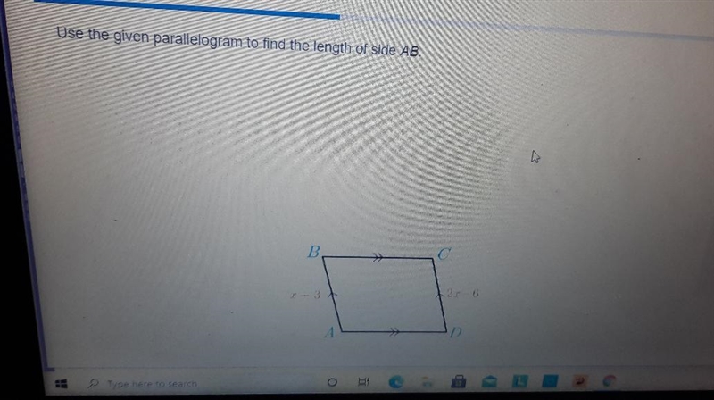 Use the given parallelogram to find the length of side AB. В. C x+ 3 2x- 6 А D-example-1