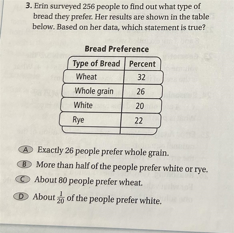 Erin surveyed 256 people to find out what type of bread they prefer. Her results are-example-1