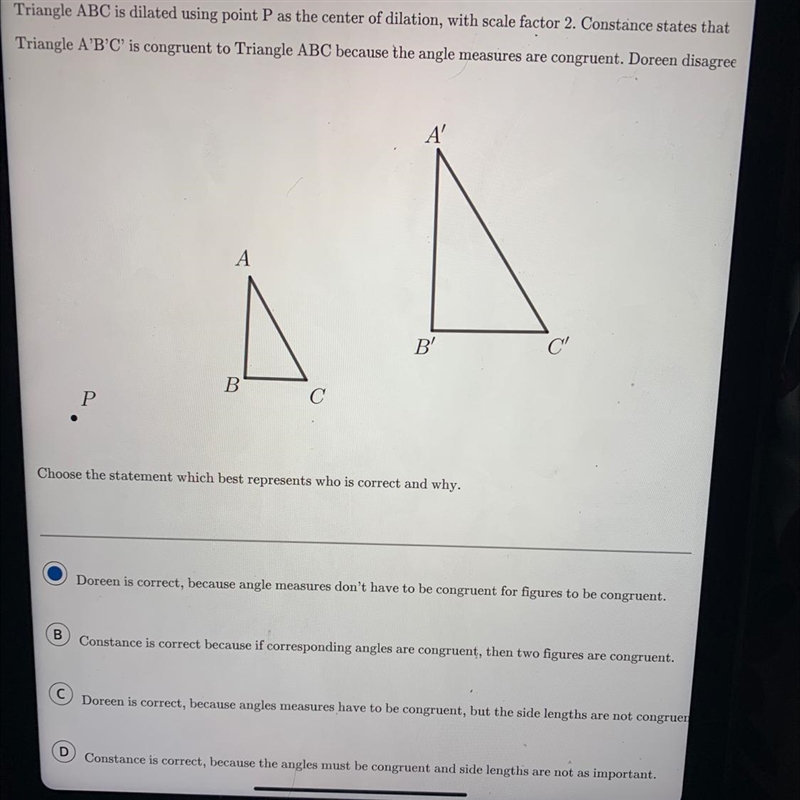 Triangle ABC is dilated using point P as the center of dilation, with scale factor-example-1