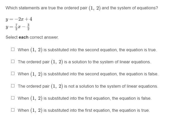 Which statements are true the ordered pair (1, 2) and the system of equations? y = -2x-example-1