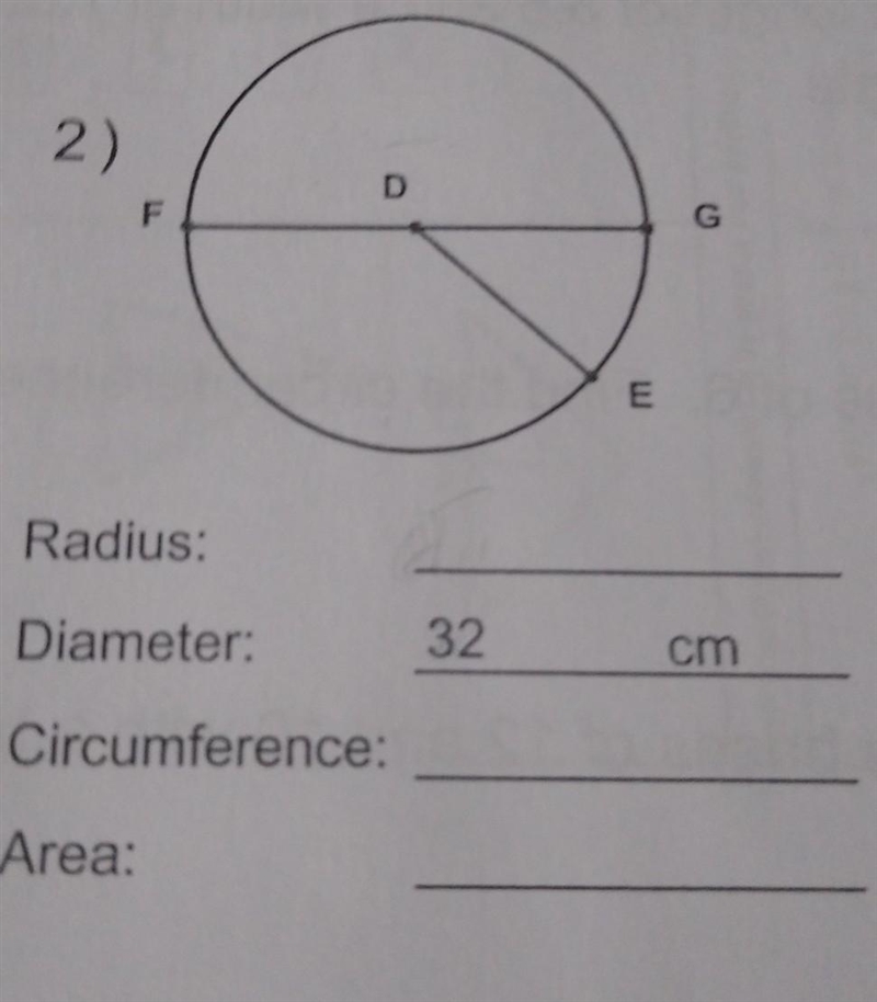 Solve the missing elements for each problem. Use 3.14 for π. Area = πr^2; C=π D-example-1