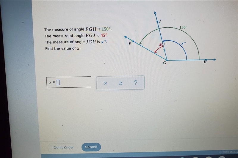 The measure of angle FGH is 150° The measure of angle is FGJ is 45° The measure of-example-1