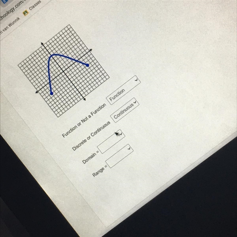 represents a function, is Discrete or continuous, and the domain and range Function-example-1