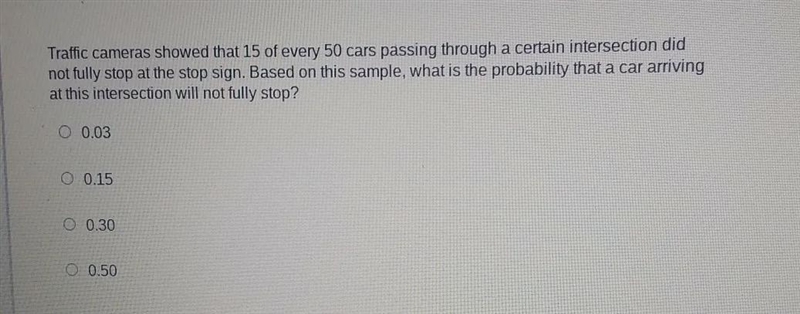 traffic camera showed that 15 out of every 50 cars passing through a certain intersection-example-1