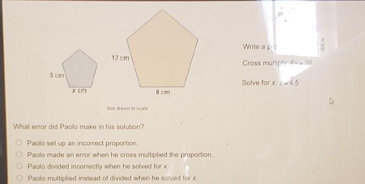 Paolo was asked to find the original dimension of an enlarged pentagon, His solution-example-1