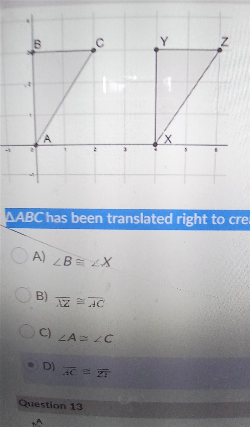 ABC has been translated right to create triangles XYZ based on this information which-example-1