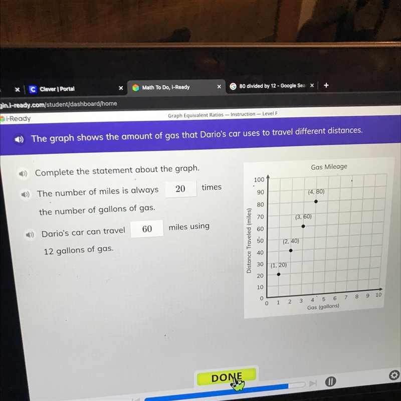 The graph shows the amount of gas that Dario's car uses to travel different distances-example-1