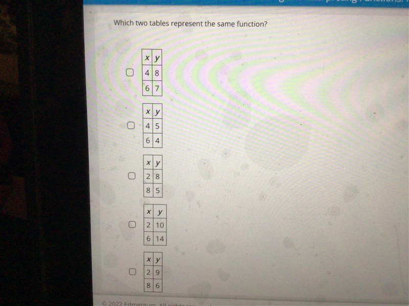 Which two tables represent the same function-example-1