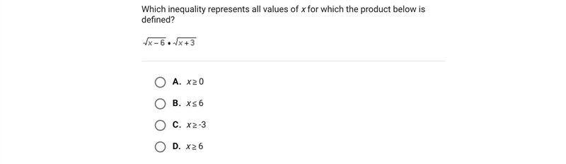 Which inequality represents all values of x for which the product below is defined-example-1