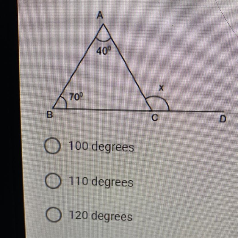 3. (02.07 MC)In the figure shown, what is the measure of angle x? (5 points)100 degrees-example-1