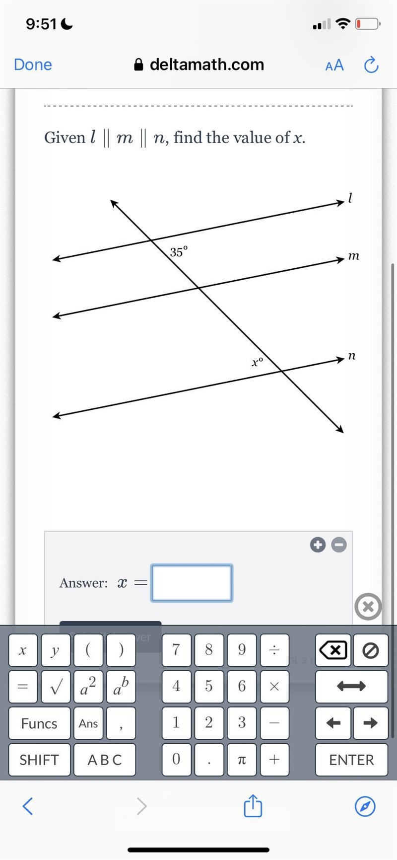 Given m||n, find the value of x and y 35 need help please-example-1