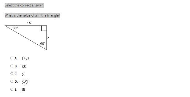 Worth 30 points! Select the correct answer. What is the value of x in the triangle-example-1