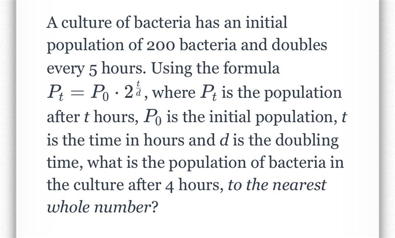 A culture of bacteria has an initial population of 200 bacteria and doubles every-example-1