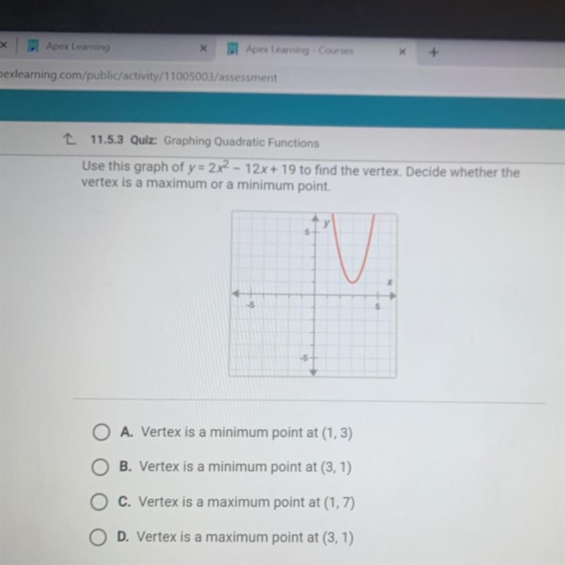 Use this graph of y = 2x2 - 12x + 19 to find the vertex. Decide whether thevertex-example-1