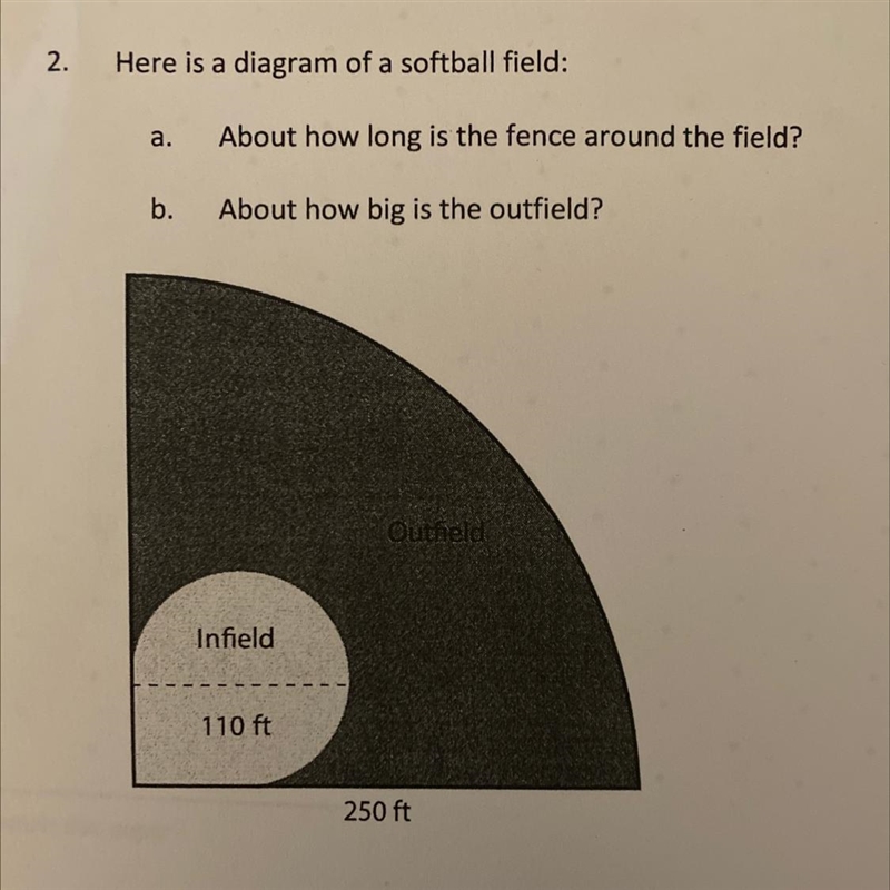 Here is a diagram of a softball field: About how long is the fence around the field-example-1