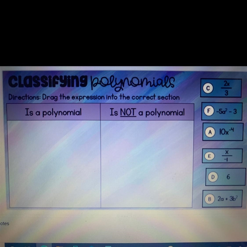 Drag the expression into the correct section.Is a polynomial:Is not a polynomial:-example-1